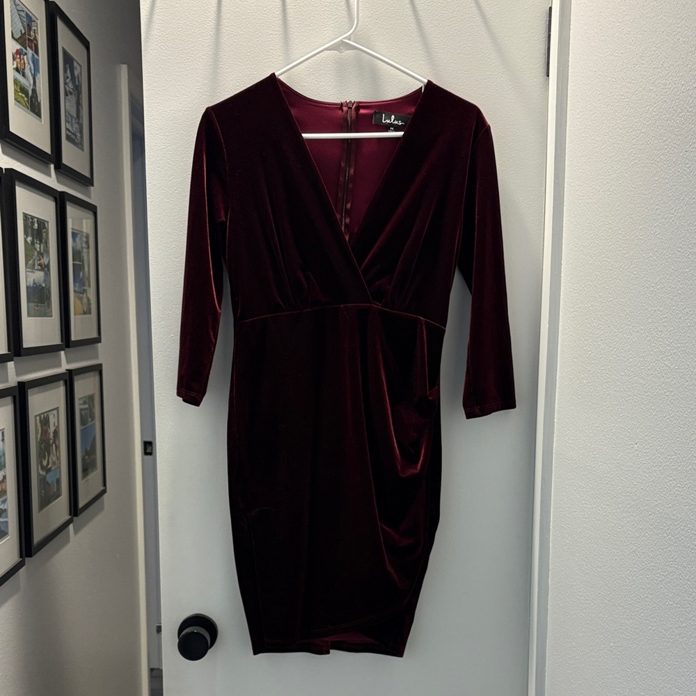 Lulu's Deep Red/Burgundy Velvet Long Sleeve Dress